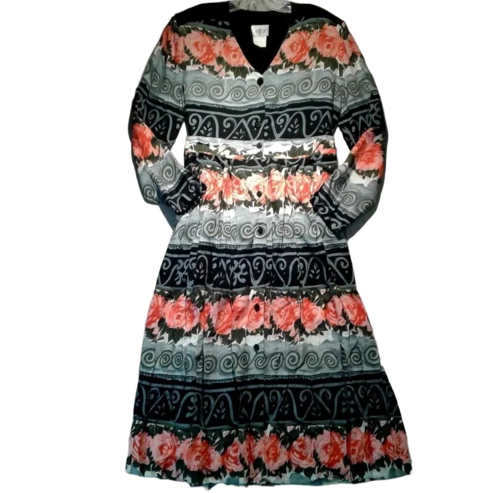 Jessica 2-piece Women's Black & Red Roses Button Down Skirt & Blouse Size 14